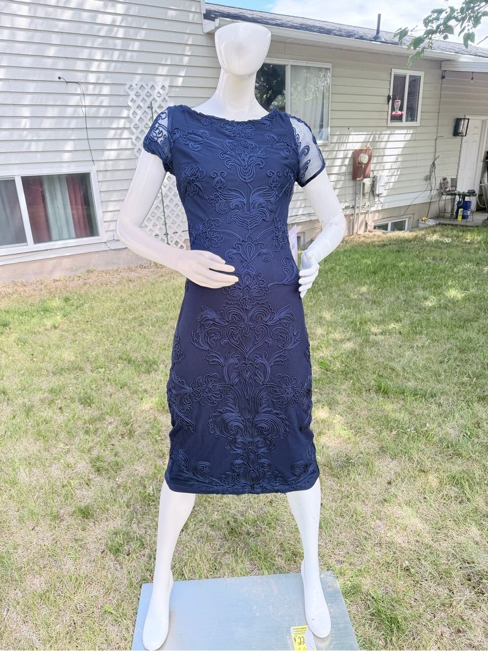 JS Collections Navy Midi Dress with Embroidered Lace Detailing